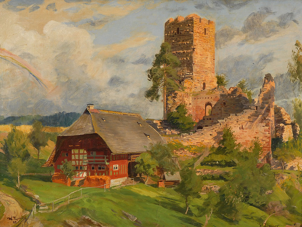 Sonnige Landschaft mit Burgruine